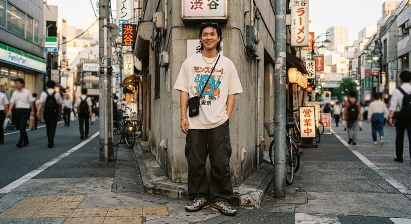 Man in an oversized cream monster tee on a busy street corner